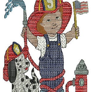 Può includere: Un disegno ricamato in rosso, bianco e blu di un pompiere che tiene un tubo, un dalmata e un idrante. Il pompiere indossa un casco rosso con le lettere "F.D." e il numero "5" su di esso. Il pompiere tiene anche una bandiera americana.