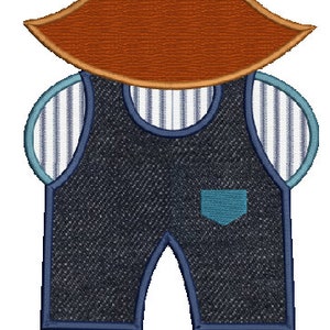 May include: A cartoon illustration of a person wearing a brown hat, a blue and white striped shirt, and blue overalls. The person has black shoes.