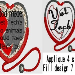 Könnte beinhalten: Rot-graues herzförmiges Design mit einem Stethoskop darum herum. Der Text "God made Vet Tech's so animals could have Hero's too" befindet sich im Herzen. Der Text "Vet Tech" befindet sich in einem separaten Herzen. Der Text "Applique 4 Größen Fülldesign 7 Größen" befindet sich unter den Herzen.