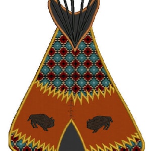 May include: An embroidered teepee design in shades of orange, teal, red, and gold. The teepee features a geometric pattern and two bison silhouettes. The top is black with brown trim and black lines extending upwards.