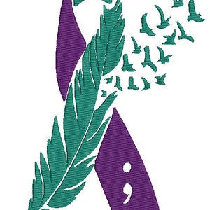 May include: Purple ribbon with a teal feather and a semicolon symbol, with teal birds flying away from the ribbon.