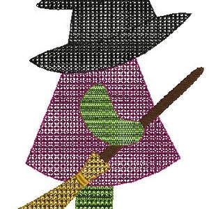 May include: A purple and green witch with a black pointed hat and a brown and gold broom.