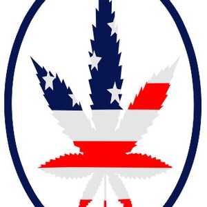 May include: A stylized marijuana leaf with red, white, and blue stripes, resembling the American flag, inside a blue oval.