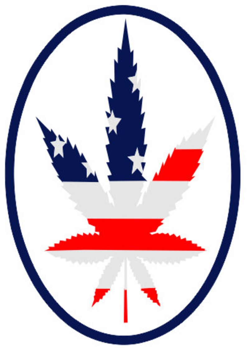 May include: A stylized marijuana leaf with red, white, and blue stripes, resembling the American flag, inside a blue oval.