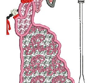 May include: A pink embroidered dress with a floral pattern, a red scarf, and a gray and red umbrella. The woman is standing next to a black street lamp.