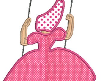 May include: A pink dress with white polka dots, worn by a girl with a pink and white polka dot hat, swinging on a swing set.