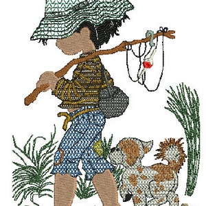 May include: A young boy wearing a blue and green hat and a brown and yellow striped shirt walks with a fishing rod over his shoulder. A small dog with brown and white spots walks beside him. The boy and dog are walking on a path with green grass and brown stones.