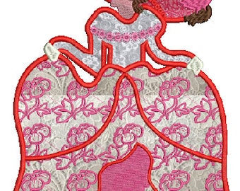May include: Embroidered design of a woman in a pink and white dress with a large red hat. The dress has a floral pattern and the woman is holding a white flower in her hand.
