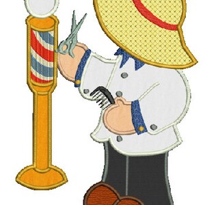 May include: A cartoon illustration of a barber with a red, white and blue striped barber's pole, scissors and a comb. The barber is wearing a white shirt, blue trousers and a straw hat with a red band.
