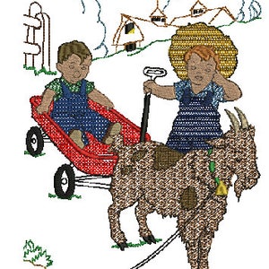 Peut inclure: Deux enfants, l'un dans une charrette rouge et l'autre à dos d'une chèvre brune, jouent dans un champ. L'enfant dans la charrette porte une salopette bleue et une chemise verte. L'enfant à dos de la chèvre porte une salopette bleue et un chapeau de paille. Il y a des maisons en arrière-plan.