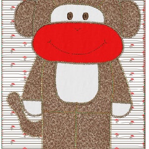 Puede incluir: Una aplicación de mono marrón con una boca roja y una barriga blanca. El mono está de pie sobre un fondo blanco con rayas rojas y verdes.