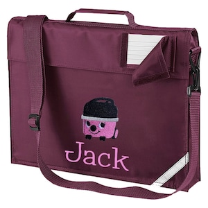 Embroidered Bookbag with strap - Personalised with embroidered name and pink hoover vacuum motif. School bag.