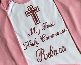 My first holy communion pyjamas personalised with name. Pink, blue or red, soft high quality - ideal gift