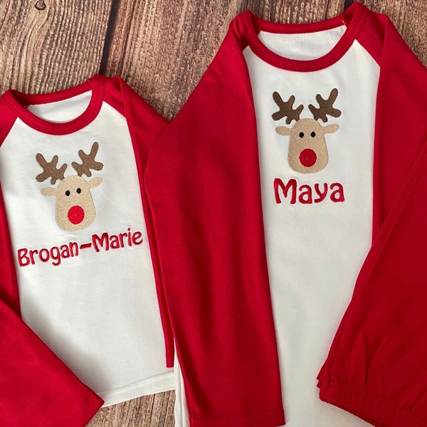 Christmas pyjamas, embroidered & personalised with name. Choice of designs and colours. Gift, keepsake, high quality, soft,