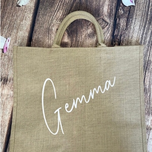 Large hessian / jute personalised tote bag. Ideal shopping bag or for the beach.