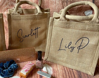 Hessian tote jute bag. Personalised with name. Ideal gift / present for birthday, teacher, hen party bags