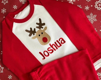 Rudolf Weihnachtspyjama, bestickt & personalisiert mit Namen. Passend, Geschenk, Andenken, hohe Qualität, weich, PJ's