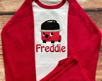 Personalised Pyjamas embroidered with name and choice of colours. Gift, keepsake, high quality, soft. Hoover vacuum design