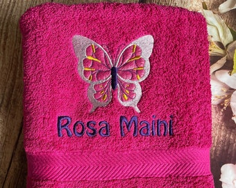 Personalised with embroidered name and butterfly design - swimming beach towel - gift present idea