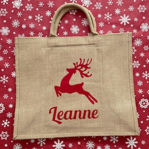 Large hessian / jute personalised Christmas tote bag. Gift or shopping bag, choice of designs.