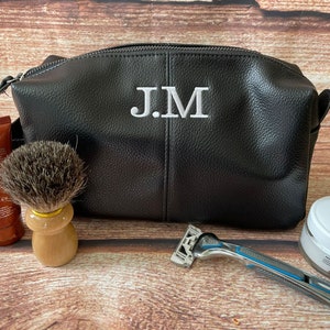 Personalised monogram embroidered wash bag. Leather look, high quality & choice of colours.