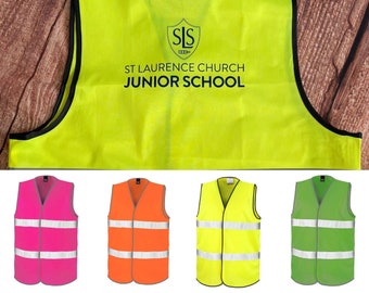 Customised Hi-Vis safety vest. Printed to your specification. Adult and child sizes and selection of fluorescent colours.