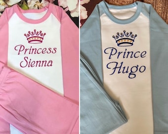 Princess or Prince Pjs Pyjamas - Embroidered with name, Birthday present for kids, Girls & boys matching nightwear, baby onesie baby grow