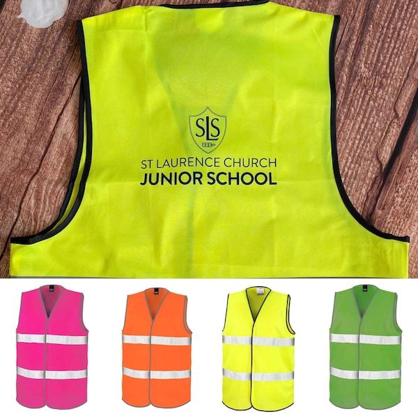 Customised Hi-Vis safety vest. Printed to your specification. Adult and child sizes and selection of fluorescent colours.