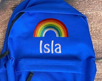 Rainbow Nursery / Pre-School mini embroidered personalised rucksack. Choice of colour bag. Childs small rucksack