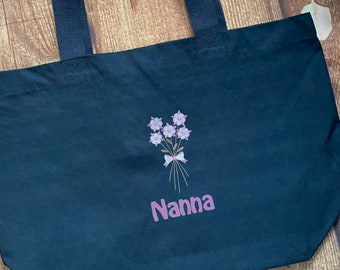 Embroidered flowers personalised canvas tote bag / Mothers Day present /birthday. Choice of flowers, perfect for Mum, Nanny / Granny