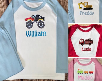 Personalised Pyjamas embroidered with name, choice of colours & motif - Digger, Monster Truck, Train, Fire Engine. Gift high quality soft.