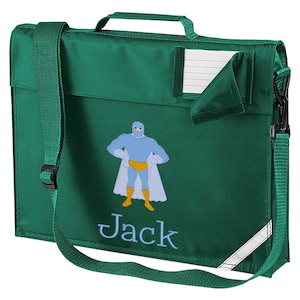 School Book Bag personalised with embroidered standing super hero and name, Junior Bookbag with strap. Choice of colours