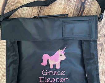 School book bag personalised with embroidered unicorn and name or initials. Junior Bookbag with strap