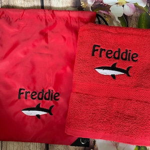 Swimming towel and bag set, personalised with embroidered name and shark motif. Ideal kids gift. Excellent quality choice of colours