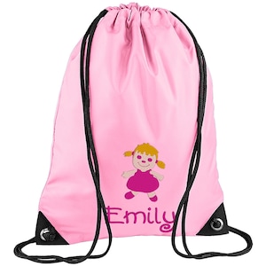 Embroidered Doll Personalised with name PE Bag / Kit Bag / Drawstring Bag / school / swimming / sports - choice of colours