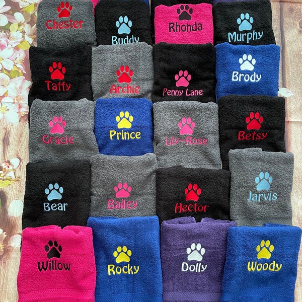 Dog towel, personalised with embroidered paw print and pet name. Ideal gift.