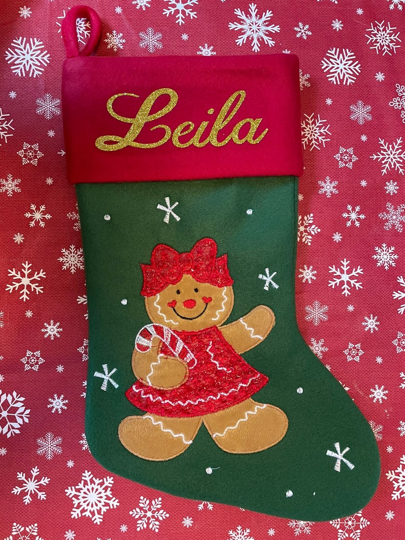 Personalised Christmas Stocking Embroidered / Printed Name Stockings Christmas 2022, Luxury , 40cm Long , Xmas Sock Gingerbread Girl