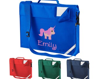 School book bag personalised with embroidered unicorn and name or initials. Junior Bookbag with strap