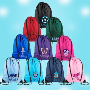 School PE Bag, personalised with embroidered name and logo motif. Kit Bag Drawstring Bag - choice of colours and designs