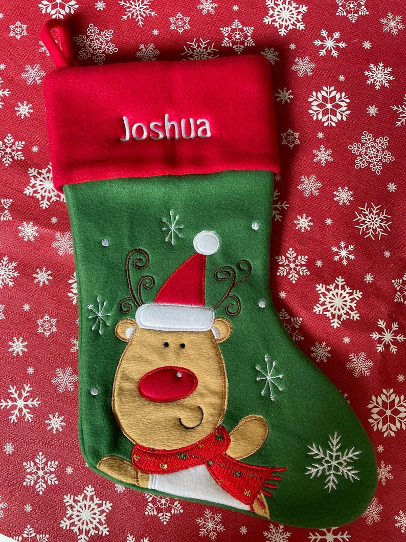 Personalised Christmas Stocking Embroidered / Printed Name Stockings Christmas 2022, Luxury , 40cm Long , Xmas Sock Rudolf