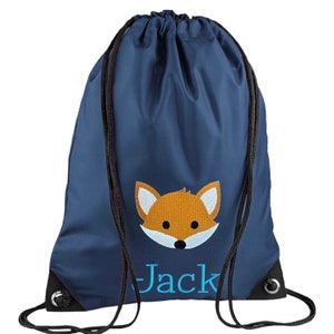School PE Bag personalised with embroidered name and fox motif, Kit Bag Drawstring Bag - choice of colours