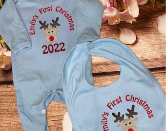 Embroidered First Christmas Baby Onesie and Bib, Personalized Keepsake Gift