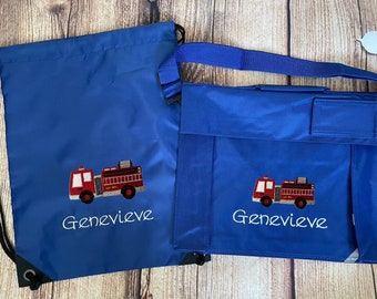 Set - Matching book bag and pe bag for school. Personalised with embroidered name & motif - Digger/Train/Monster Truck/Fire Engine/Car