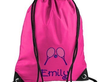 School PE Bag personalizado con nombre bordado y motivo de tenis, Kit Bag Drawstring Bag - elección de colores