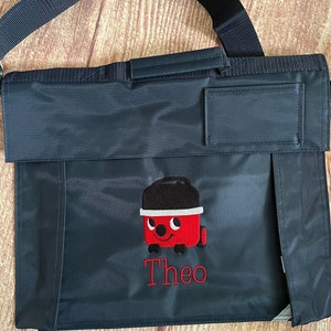Embroidered Bookbag with strap - Personalised with embroidered name and red hoover vacuum motif. School bag.