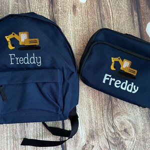 Matching set pre school nursery bag & Lunch box - Personalised with embroidered name and Digger/Monster Truck/Car/Train/Fire Engine