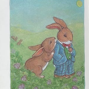 May include: Two brown rabbits in a field of green clover. The rabbit on the right is wearing a blue suit with a red bow tie. The rabbit on the left is looking at the rabbit on the right.