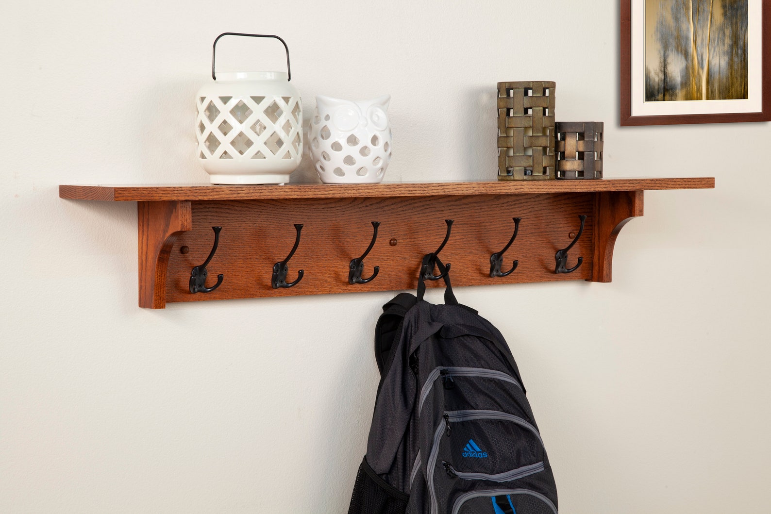 Wood Wall Shelf Solid Oak With Hooks Mission Style in Cherry Etsy