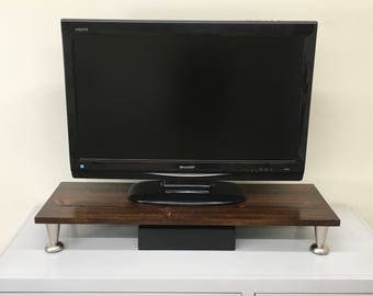 TV Riser Stand Solid Rustic Wood with Pillar Footing in Slate Finish