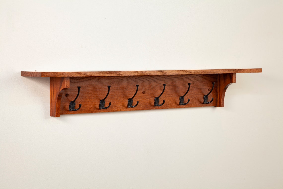 Wood Wall Shelf Solid Oak With Hooks Mission Style in Cherry Etsy